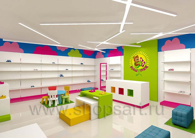 Дизайн интерьера детского магазина Мишутка торговая мебель КАРАМЕЛЬ