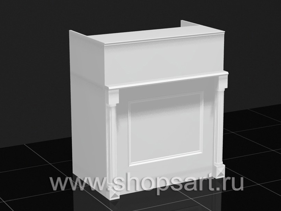 Кассовый стол, из ЛДСП белого цвета, с декоративными элементами из массива дуба.