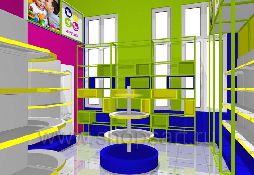 Дизайн интерьера детского магазина в Green park коллекция ЦВЕТНЫЕ МЕТАЛЛИЧЕСКИЕ СТЕЛЛАЖИ