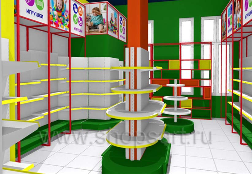 Дизайн интерьера 2 детского магазина в Green park коллекция ЦВЕТНЫЕ МЕТАЛЛИЧЕСКИЕ СТЕЛЛАЖИ