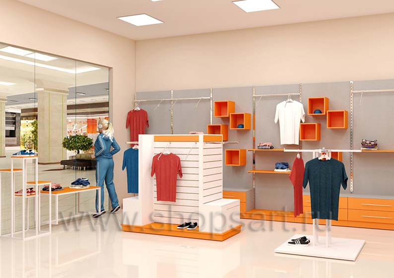Дизайн интерьера магазина спортивной одежды торговое оборудование АТЛАНТ