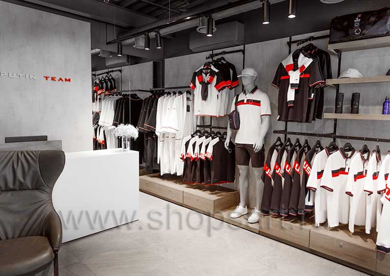 Торговое оборудование бутика спортивной одежды PUTIN TEAM коллекция ЛОФТ Фото