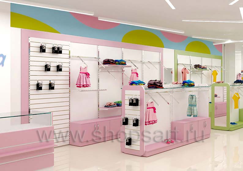 Дизайн интерьера детского магазина Стрекоза коллекция торгового оборудования АКВАРЕЛИ