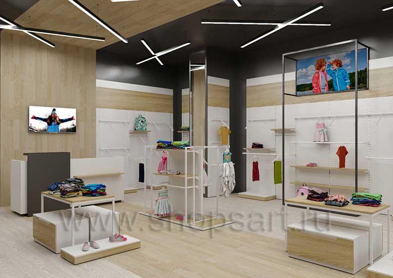 Дизайн детского магазина OLDOS KIDS коллекция торгового оборудования АКВАРЕЛИ