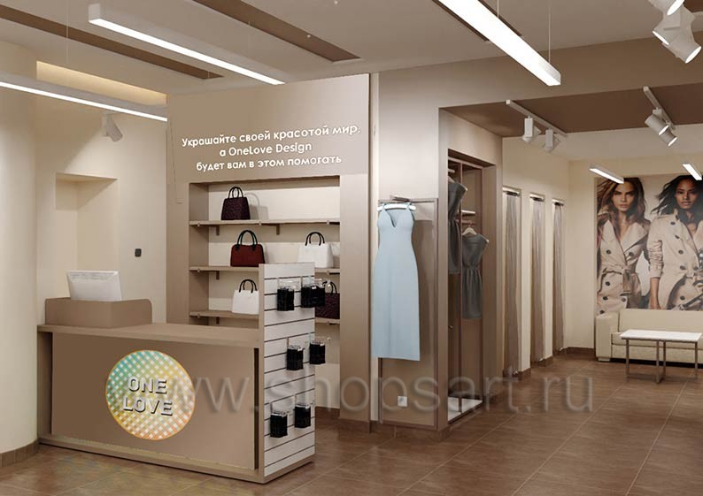 Дизайн интерьера магазина одежды ONE LOVE торговое оборудование КЛАССИЧЕСКИЙ ЛОФТ