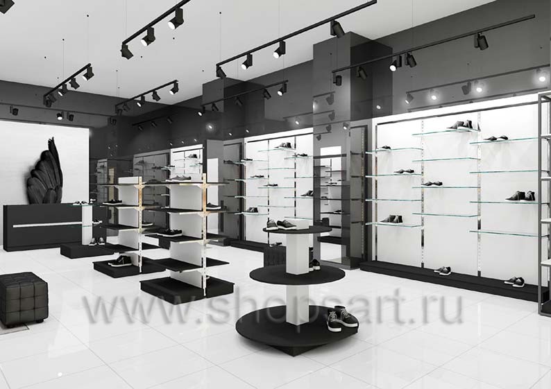 Дизайн интерьера магазина обуви торговое оборудование ЧЕРНОЕ И БЕЛОЕ