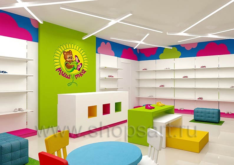 Дизайн интерьера магазина детской обуви Мишутка Самара торговое оборудование КАРАМЕЛЬ