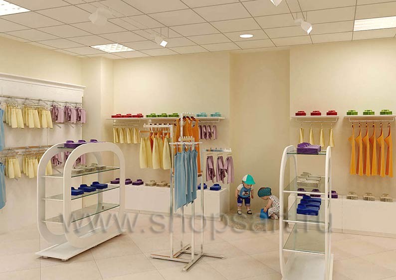 Дизайн интерьера магазина детской одежды Жирафа торговое оборудование БЕЛАЯ КЛАССИКА