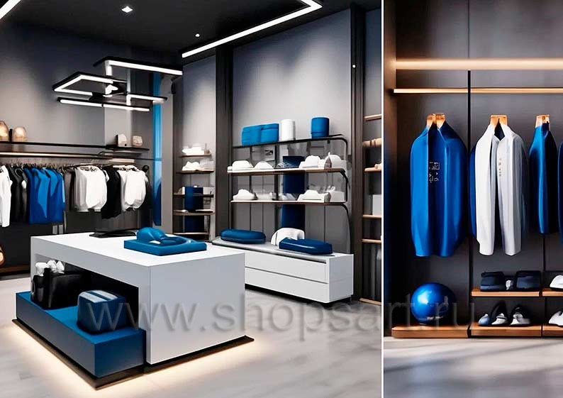 Дизайн интерьера 2 магазина спортивной одежды торговое оборудование АТЛАНТ