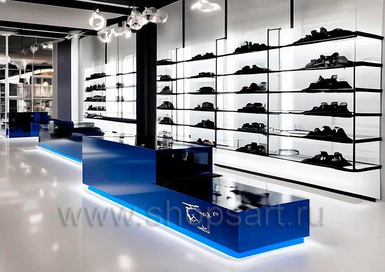 Дизайн интерьера магазина обуви торговое оборудование СИНИЙ ВЕТЕР