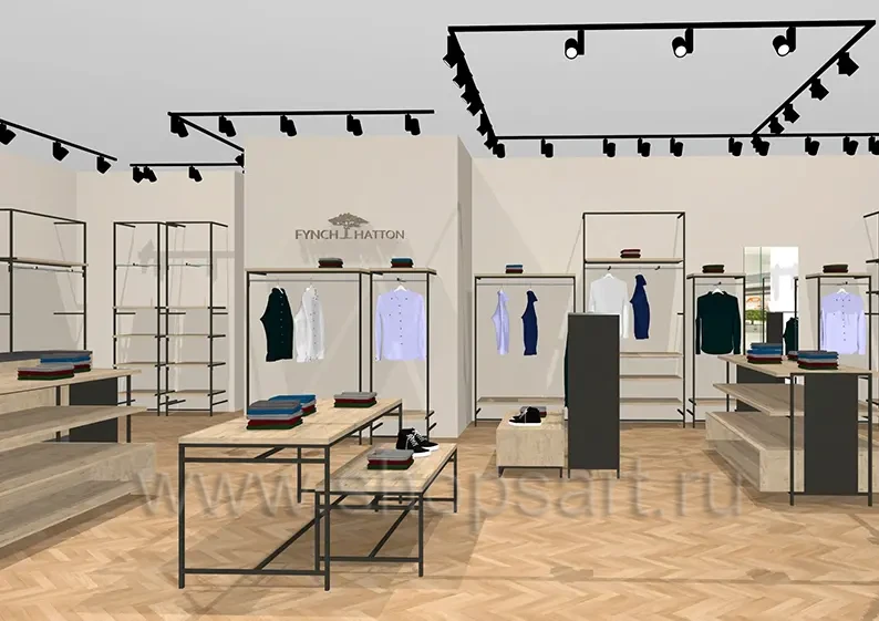 Дизайн интерьера магазина одежды FUNCH HATTON в ТРК ЕВРОПОЛИС торговое оборудование ПРЕСТИЖ