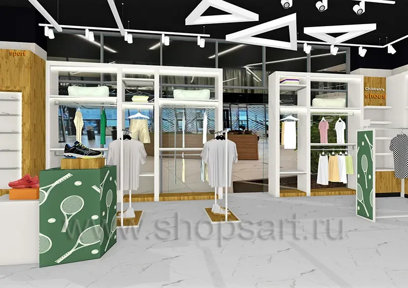Дизайн интерьера магазина Мир тенниса торговое оборудование МОДНЫЙ ШОПИНГ