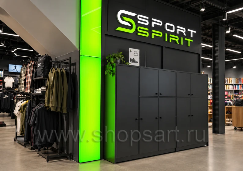 Подсвеченный портал и фирменная стена магазина SPORT SPIRIT торговая мебель Модный шоппинг