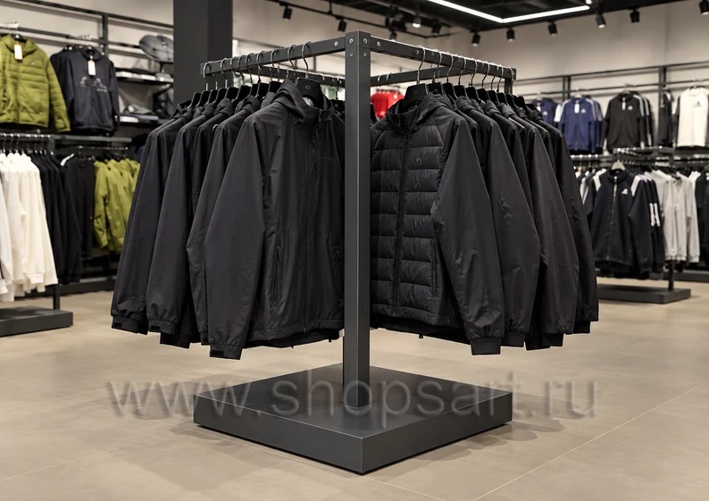 Островная стойка с тёмной одеждой магазина БАСАСПОРТ торговая мебель Модный шоппинг