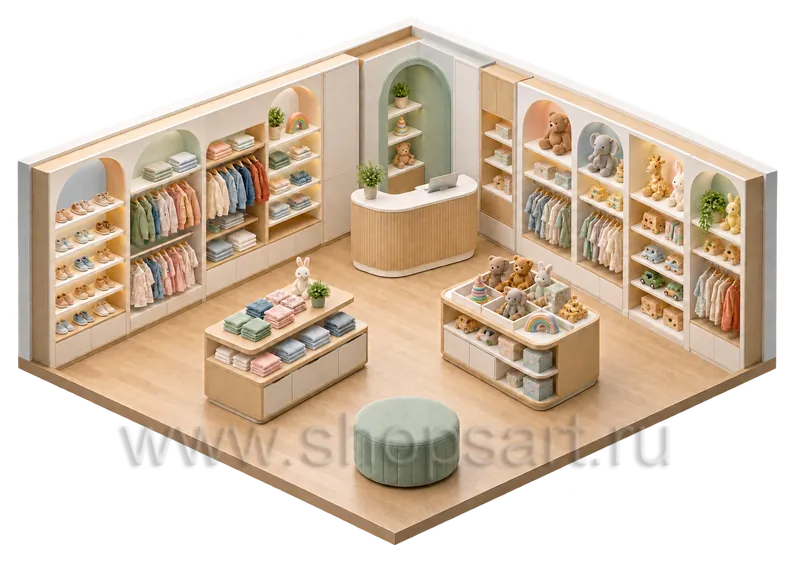 3D-расстановка детского магазина: торговое оборудование для одежды, обуви и игрушек