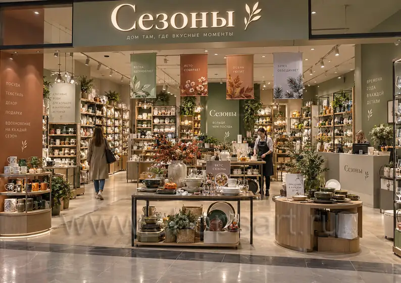 Вход в магазин посуды Сезоны с витринами и островными столами