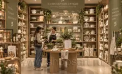 Покупатели у островных столов и стеллажей с посудой в магазине Сезоны Фото 01