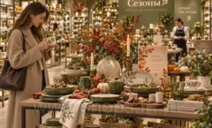 Покупательница у стола с сервировкой и цветами в магазине Сезоны Фото 04