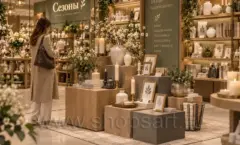 Круглый островной стол и пристенные полки с посудой в магазине Сезоны Фото 05
