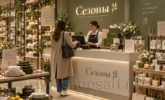 Кассовая стойка и полки с посудой магазина Сезоны Фото 08