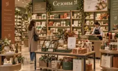 Сервированный стол с посудой на фоне стеллажей магазина Сезоны Фото 10