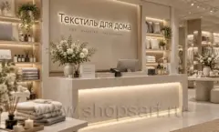 Кассовая зона и торговые стеллажи магазина Текстиль для дома. Фото 01