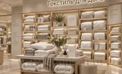Пристенные стеллажи с постельным бельём и островной стол. Фото 02