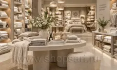 Островной стол с пледами и бельём в магазине Текстиль для дома. Фото 05