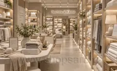 Стеллажи с полотенцами и халатами вдоль прохода магазина Текстиль для дома. Фото 06