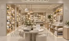 Общий вид магазина Текстиль для дома с текстильными стеллажами. Фото 09
