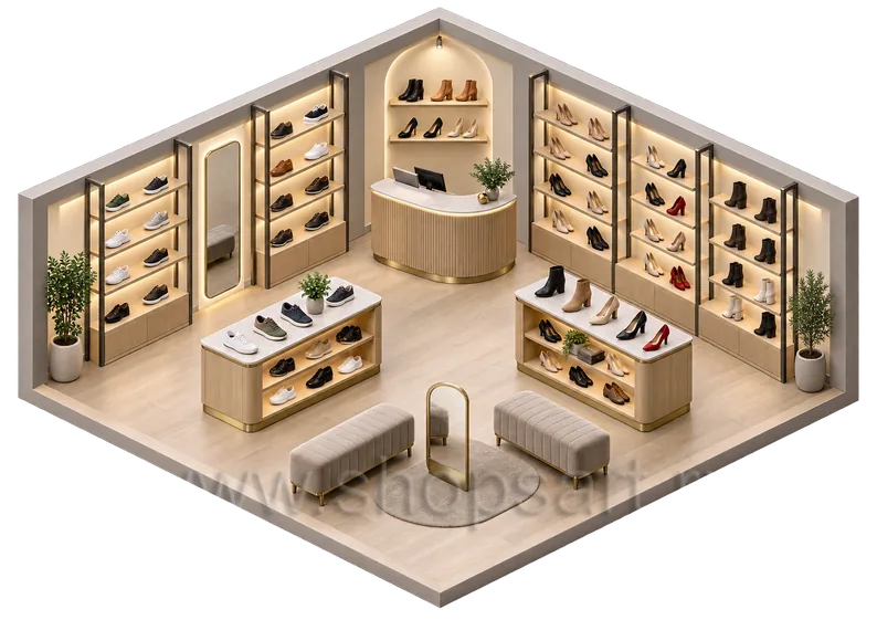 3D-расстановка обувного магазина: полки, островные стойки и места для примерки