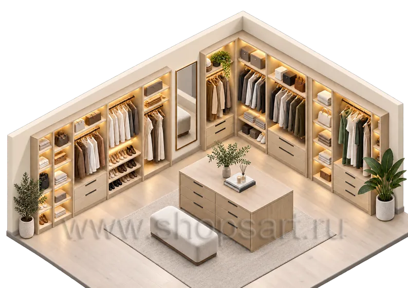 3D-визуализация гардеробной со шкафами, полками и пуфом